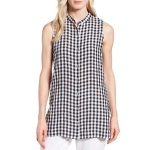 Eileen Fisher Mandarin Collar Linen Gingham Top